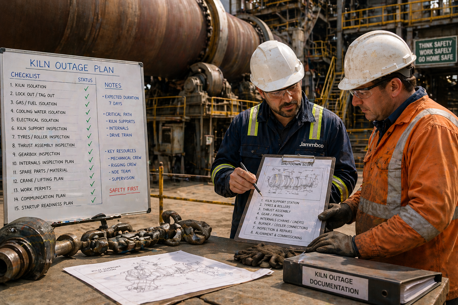 Rotary kiln outage checklist and component inspection before shutdown execution.